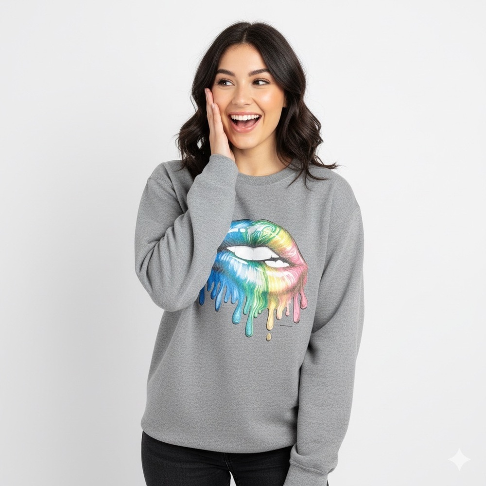 Gray Sweatshirt with Colorful Lip Design